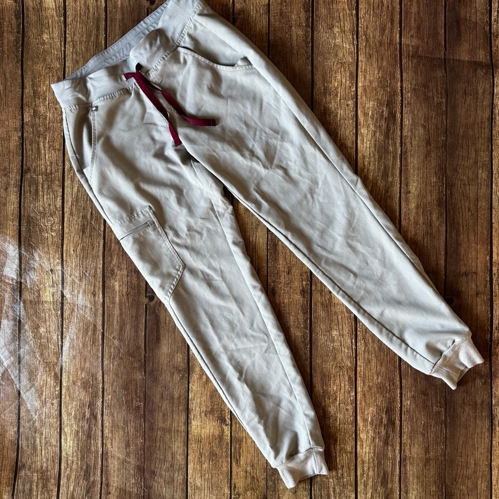 Figs Women's Track Pants Joggers in Light Gray with Burgundy Drawstring